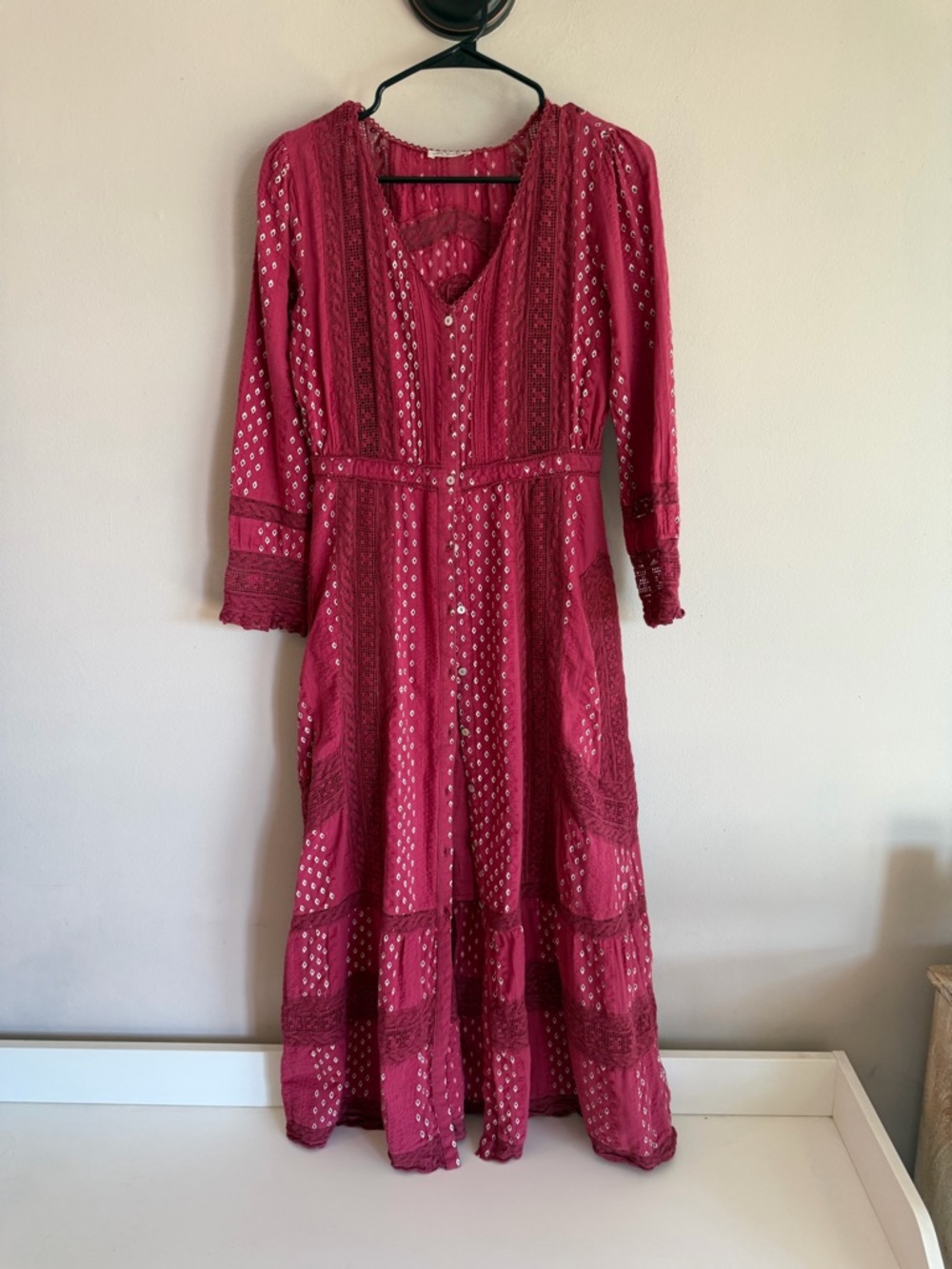 LoveShackFancy Pink Cotton Lace Maxi Dress Size 0 Boho Button Front Tiered